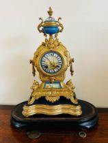 FRENCH GILDED MANTLE CLOCK UPON BASE AND GLASS DOME, APPROX 43cm