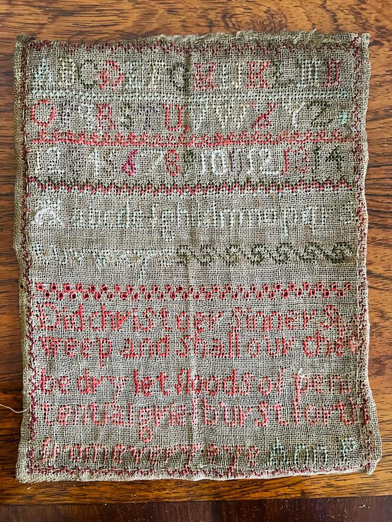 EARLY SAMPLER, DATE(?), WITH DISTRESSED FRAME, APPROX 24.5 x 20cm, ALSO EARLY GREETINGS CARD - Image 2 of 9