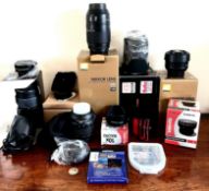 GOOD COLLECTION OF SIX CAMERA LENSES AND ACCESSORIES, ETC
