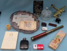 Sundry lot including hip flask, plated tray, telescope, cigarette cards etc