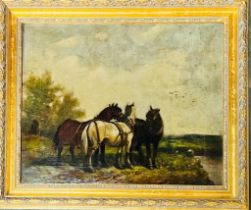 WYLIE, OIL ON CANVAS, HORSES ON A RIVER BANK, GILDED FRAME, APPROX 43 x 53cm