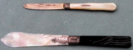 Hallmarked silver mother of pearl penknife, plus mother of pearl page turner/letter opener
