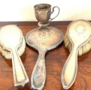 TWO SILVER BACKED BRUSHES, MIRROR AND SILVER CHRISTENING CUP INSCRIBED SHEILA 1922, APPROX 180g