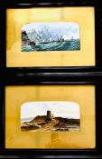 PAIR OF SEASCAPES IN ARCHED MOUNT, SEE NOTES ON REVERSE, MARTELLO TOWER HASTINGS PLUS ANOTHER