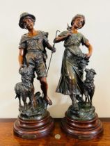 AFTER AUGUSTE MOREAU PAIR OF PATERNATED SPELTER FIGURES, "RETOUR DES CHAMPS", L'AMI FIDELE