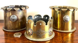 THREE TRENCH ART WORLD WAR I PIECES BRASS BOTTLE HOLDERS/COASTERS, 1916 ONE STAMPED PATRONEN