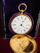 18ct GOLD FULL HUNTER POCKET WATCH WITH STOP CLOCK FUNCTION WITHIN FITTED CASE. WEIGHT 93.8G
