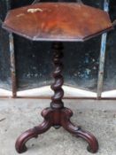 Victorian mahogany barley twist octagonal tripod side table. Approx. 72cm H x 52cm Diameter