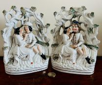 STAFFORDSHIRE FLAT BACK PAIR OF MID 19th CENTURY FIGURES SITTING IN A BOCAGE BOWER, APPROX 21cm HIGH
