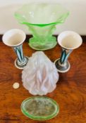 1930s GREEN GLASS, TWO JERSEY POTTERY VASES, SMALL GLASS TRAY AND TORCHERE STAND