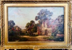 19th CENTURY ENGLISH SCHOOL, OIL ON CANVAS, PASTORAL ASPECT WITH COTTAGES, FRAMED, APPROX 45 x 110cm