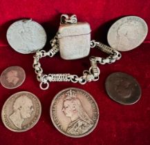 SILVER VESTA CASE AND SILVER COLOURED CHAIN PLUS QUANTITY OF COINAGE, ETC.