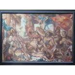 LARGE FRAMED OIL ON CANVAS DEPICTING AN ASCPECT OF A CLASSICAL BATTLE. APPROX. 103 X 140CM