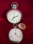 SMITHS TOP-WIND POCKET WATCH, SILVER COLOURED, PLUS SMALL SILVER FOB WATCH