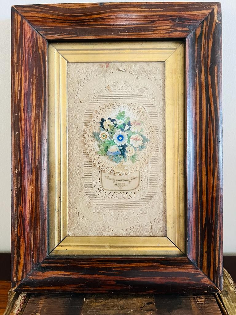 EARLY SAMPLER, DATE(?), WITH DISTRESSED FRAME, APPROX 24.5 x 20cm, ALSO EARLY GREETINGS CARD - Image 4 of 9