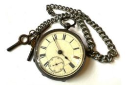 SILVER POCKET WATCH, MAKER AARONSON OF MANCHESTER, CHESTER ASSAY, AND SILVER COLOURED CHAIN TO