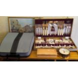 Sundry lot Inc. vintage cased typewriter, canteen of cutlery, storage box, etc all used and