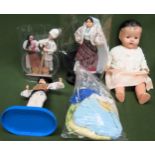 Vintage jointed doll, plus souvenir tourist dolls All in used condition, unchecked