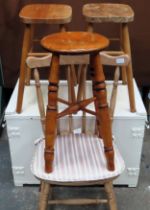 Painted storage chest, single country style chair, plus three stools All in used condition,