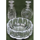 Orrefors Swedish glass bowl, plus two Stuart crystal decanters Small chip to rim of bowl. small chip