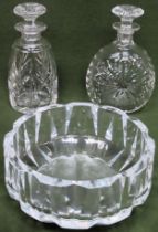 Orrefors Swedish glass bowl, plus two Stuart crystal decanters Small chip to rim of bowl. small chip
