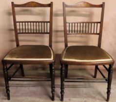 Pair of Edwardian mahogany inlaid bedroom chairs. Approx. 75cm H Reasonable used condition, scuffs