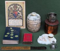 Sundry lot including wooden eastern telegraph co. page turner, souvenir programme, volume, storage