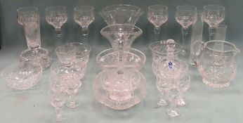 Quantity of various etched and other glassware, set of six stemmed hock glasses, etc all used and