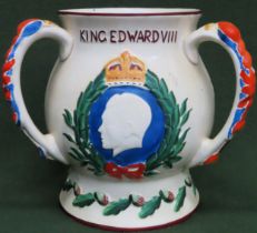 Edward VIII ceramic three handled loving cup. Approx. 22cms H musical section deficient. crazing