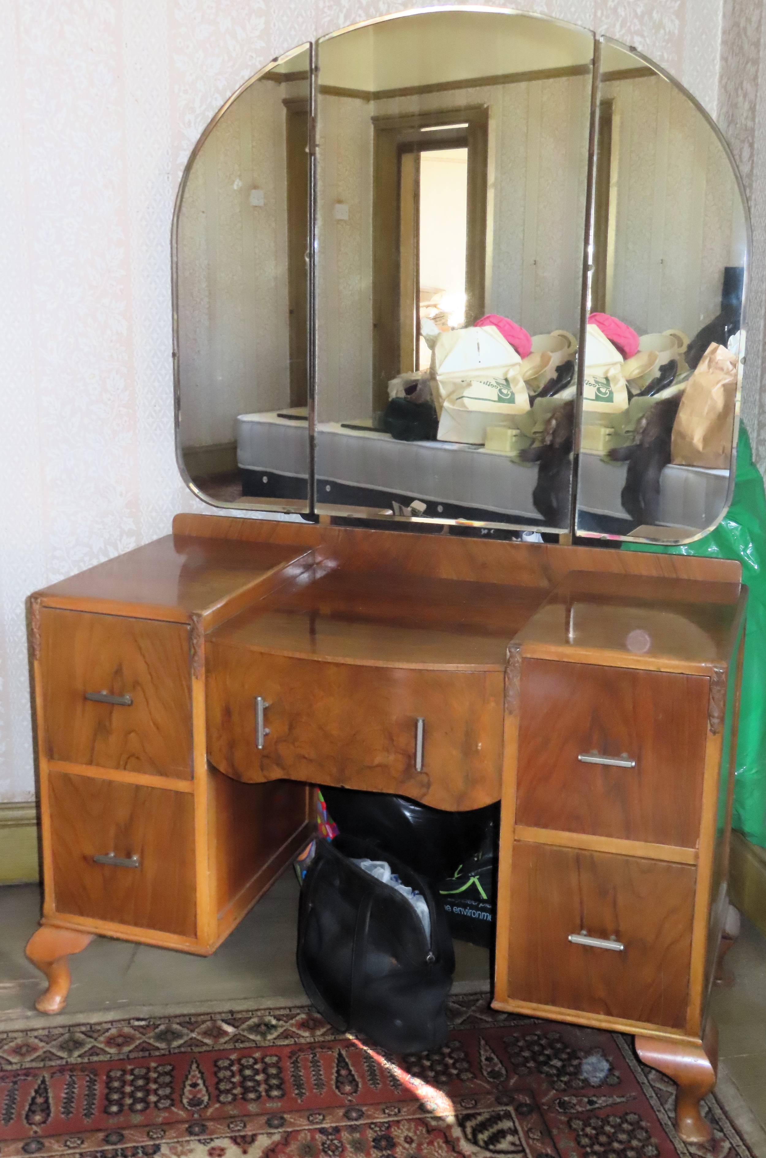 Art Deco walnut veneered mirror back dressing table. Approx. 163cm H x 106cm W x 50cm D Reasonable