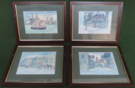 Set of four framed J. Bowen watercolour and ink drawings depicting Liverpool & Chester scenes.