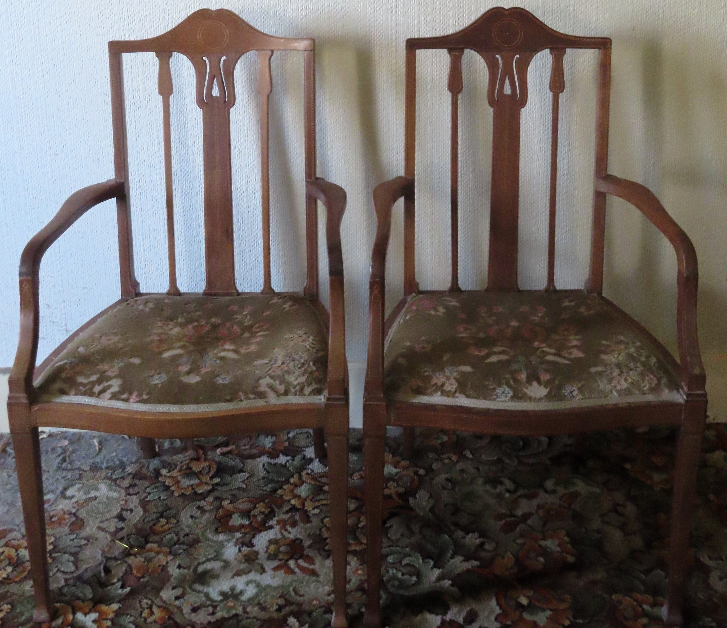 Pair of string inlaid Art Nouveau style mahogany armchairs. Approx. 94cm H x 53cm W x 55cm D Used