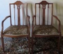Pair of string inlaid Art Nouveau style mahogany armchairs. Approx. 94cm H x 53cm W x 55cm D Used