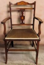 Edwardian mahogany inlaid armchair. Approx. 85cm H Reasonable used condition, scuffs and scratches