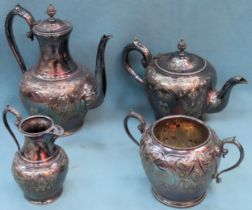 Early 20th century repousse decorated four piece tea/coffee set reasonable used condition wear due
