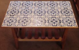 20th century pine tile topped coffee table. Approx. 47 x 78 x 48cms reasonable used condition