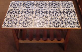 20th century pine tile topped coffee table. Approx. 47 x 78 x 48cms reasonable used condition