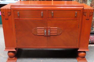 Art Deco oak sideboard with doors to either end containing interior shelves. Approx. 96 x 140 x