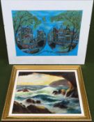 Small framed Oil on Board, plus print of Amsterdam Both appear in reasonable used condition