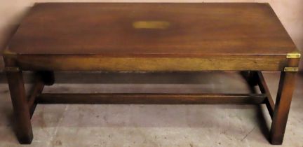 20th century campaign style brass bound coffee table on stretchered supports. Approx. 43cm H x 107cm