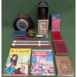 Sundry lot including storage boxes, mantle clock, snooker scoreboard, volumes and magazines etc