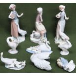 Quantity of Lladro glazed ceramic figures, all with geese all used and unchecked