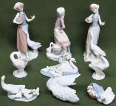 Quantity of Lladro glazed ceramic figures, all with geese all used and unchecked