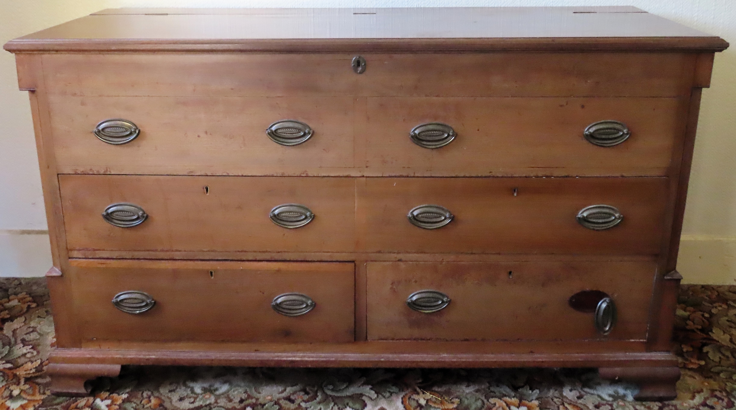 19th century mahogany dower chest with three drawers and fitted top. Approx. 84cm H x 145cm W x