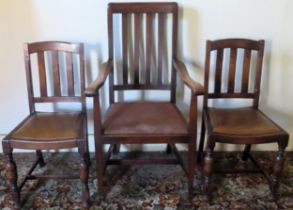 Pair of oak bedroom chairs, plus armchair. Armchair approx. 111cm H All in used condition, scuffs