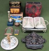 Mixed lot including double inkwell, storage tins, platedware All in used condition, unchecked