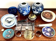 APPROXIMATELY FIFTEEN OBJECTS INCLUDING SILVER NAPKIN RINGS AND TONGS, CRUMB SCOOP, PRUNUS JARS ETC