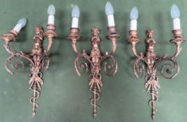 Set of three ornately Victorian gilt metal two sconce wall lights. Approx. 50cm H