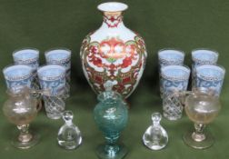 Glassware including Portugese vase, greek key pattern glasses, plus pieces blown glass