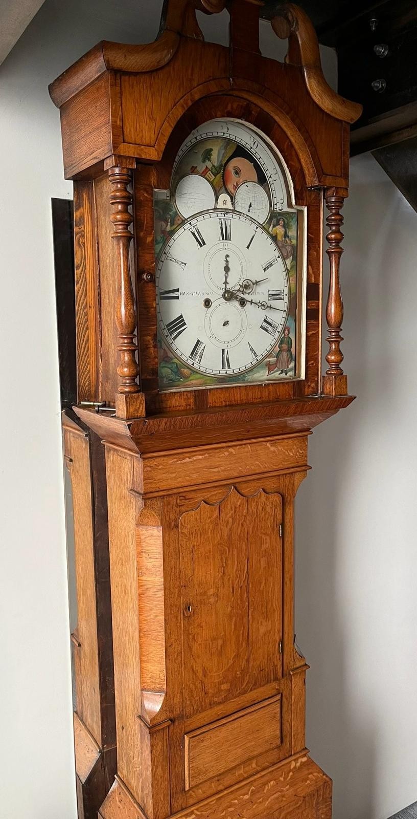 OAK LONGCASE CLOCK, RUSSELL & SON LIVERPOOL, ARCHED ROLLING MOON FACE, APPROX 202cm HIGH